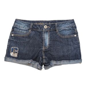 💠GUESS Denim Shorts Cuffed Raw Hem Sequin Monogram Logo Faded Jean